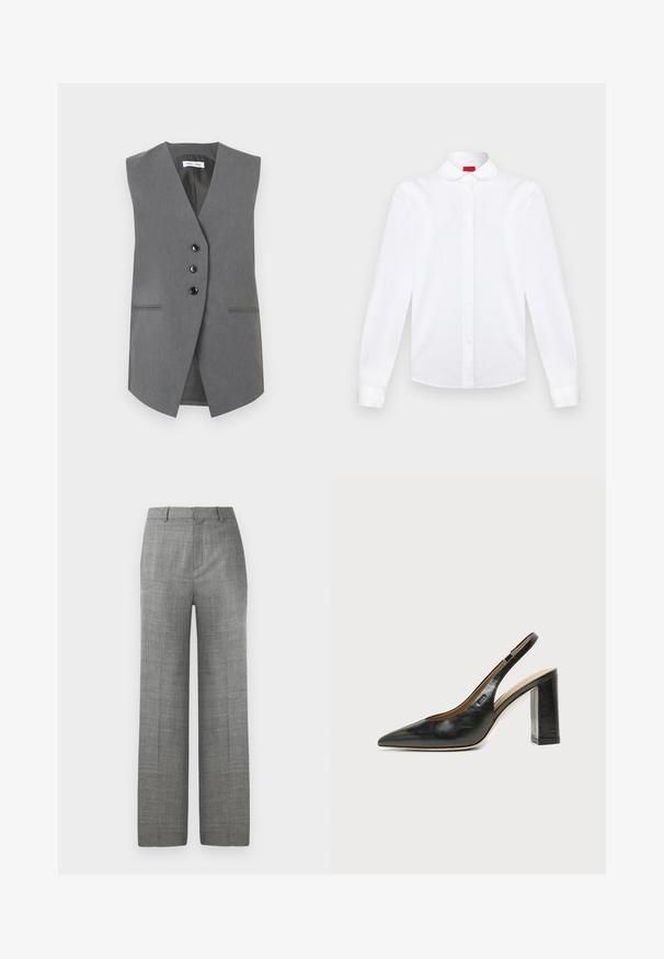 Veste grise sans manches en tissu texturé, avec un décolleté en V profond, trois boutons noirs et deux poches avant avec des coutures discrètes.; Chemise blanche à manches longues avec col arrondi, devant boutonné et poignets, présentée sur un fond uni.; Pantalons larges gris sur mesure avec passants de ceinture et pression à l'avant sur fond blanc, adaptés pour une tenue formelle ou professionnelle.; Chaussure slingback en cuir noir à bout pointu avec un talon bloc haut et une doublure intérieure beige sur un fond clair uni.