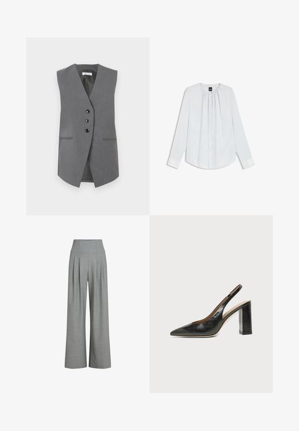 Veste grise sans manches en tissu texturé, avec un décolleté en V profond, trois boutons noirs et deux poches avant avec des coutures discrètes.; Blouse blanche à manches longues avec col plissé, boutons avant cachés et poignets, posée à plat sur un fond blanc.; Pantalons larges plissés gris avec une taille haute, fabriqués à partir d'un tissu texturé, présentant une finition lisse et des lignes épurées.; Chaussure slingback en cuir noir à bout pointu avec un talon bloc haut et une doublure intérieure beige sur un fond clair uni.