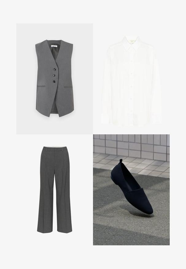 Veste grise sans manches en tissu texturé, avec un décolleté en V profond, trois boutons noirs et deux poches avant avec des coutures discrètes.; Chemise blanche à manches longues avec col classique et coupe régulière. Fabriquée en tissu lisse, avec huit boutons sur le devant.; Pantalons gris à jambes larges en tissu texturé, avec un design à pli avant et une silhouette droite avec une taille régulière.; Chaussure plate noire avec un bout pointu, texture lisse et design minimaliste. Dotée d'un petit talon et d'une languette à l'arrière.