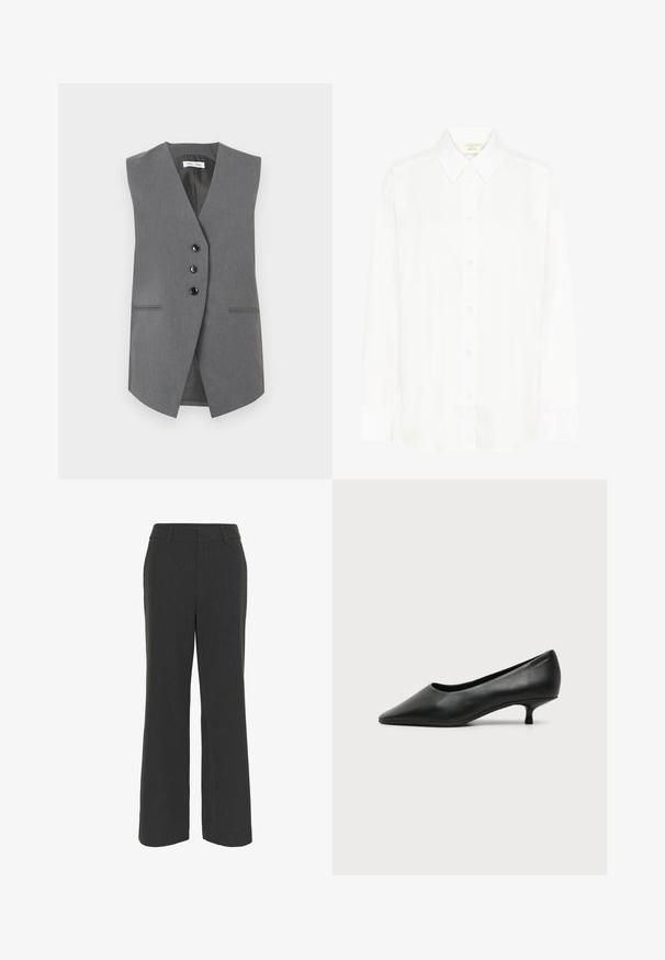 Chaleco sin mangas gris hecho de tela texturizada, con un escote en V profundo, tres botones negros y dos bolsillos frontales con costuras sutiles.; Camisa blanca de manga larga con botones al frente, cuello clásico y corte regular. Hecha de tela suave, cuenta con ocho botones en la parte delantera.; Pantalones de pierna ancha en gris oscuro con una tela texturizada, que cuentan con un frente plano, presillas para cinturón y un dobladillo limpio, adecuados para vestir formal o casual.; Zapato de mujer negro de cuero con tacón bajo, puntera puntiaguda y pequeño tacón kitten sobre fondo claro liso.