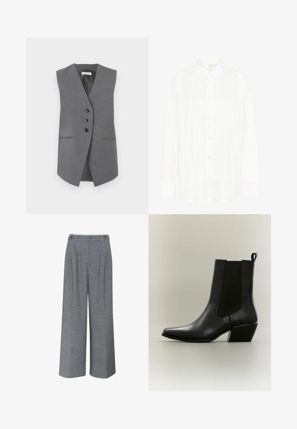 Chaleco sin mangas gris hecho de tela texturizada, con un escote en V profundo, tres botones negros y dos bolsillos frontales con costuras sutiles.; Camisa blanca de manga larga con botones al frente, cuello clásico y corte regular. Hecha de tela suave, cuenta con ocho botones en la parte delantera.; Pantalones de pierna ancha gris, confeccionados en un tejido texturizado, con un cierre de doble botón y pliegues frontales que añaden un detalle de diseño adicional.; Botín de cuero negro con puntera puntiaguda, paneles laterales elásticos, lengüeta trasera y tacón ancho de altura media sobre fondo neutro.