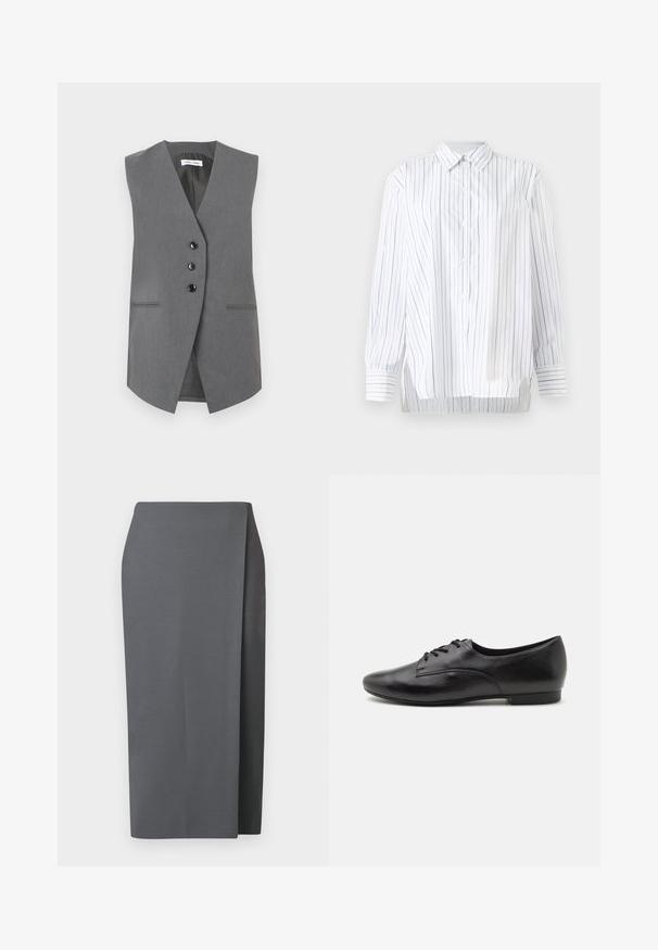 Chaleco sin mangas gris hecho de tela texturizada, con un escote en V profundo, tres botones negros y dos bolsillos frontales con costuras sutiles.; Camisa blanca con rayas verticales grises, de manga larga, con cierre de botones en la parte delantera y un collar clásico. Cuenta con aberturas laterales y mangas con puños.; Falda gris hasta la rodilla con un diseño elegante. Hecha de tela suave, presenta una abertura lateral y líneas limpias para un aspecto minimalista.; Zapatos de cuero negro con cordones, de textura suave, punta redonda, tacón bajo y diseño simple. Vista lateral que enfatiza la forma elegante y las costuras.