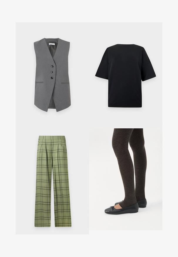 Chaleco sin mangas gris hecho de tela texturizada, con un escote en V profundo, tres botones negros y dos bolsillos frontales con costuras sutiles.; Camiseta negra de manga corta y gran tamaño con escote redondo, mostrada sobre un fondo gris claro liso.; Pantalones de pierna ancha en verde con un patrón de cuadros en negro, cintura alta, pliegues frontales y bolsillos laterales.; Piernas con leggings oscuros acanalados combinados con bailarinas negras que presentan pequeños detalles de lazo sobre un fondo blanco.