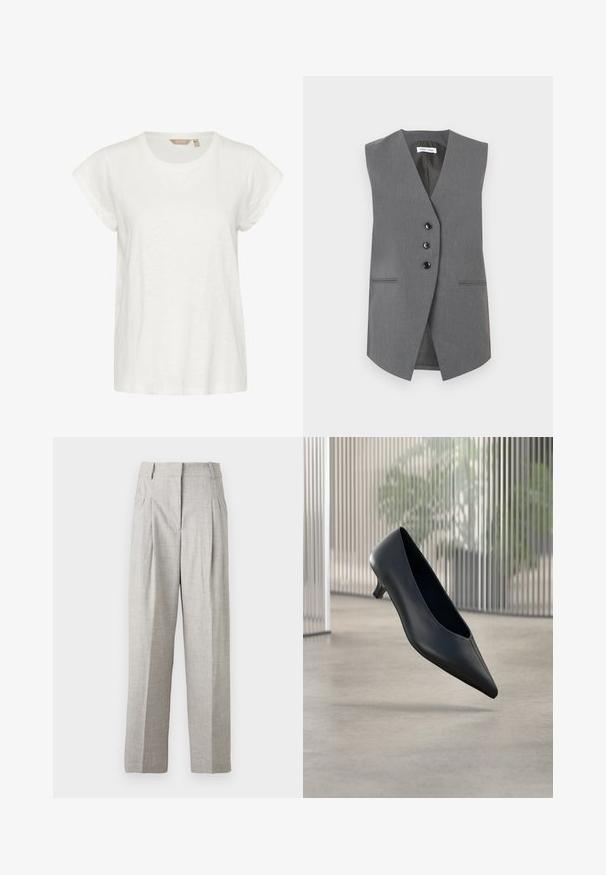 Chaleco sin mangas gris hecho de tela texturizada, con un escote en V profundo, tres botones negros y dos bolsillos frontales con costuras sutiles.; Camiseta blanca de manga corta con cuello redondo, fabricada en un material suave y ligero, con un ajuste holgado. Sin patrones ni acentos notables.; Pantalones de color gris claro con un acabado texturizado, que presentan un diseño de cintura alta y dos pliegues en la parte delantera. Corte recto sin bolsillos visibles.; Zapato negro de tacón bajo y puntera puntiaguda que flota sobre un suelo de hormigón liso con paneles verticales translúcidos de fondo.
