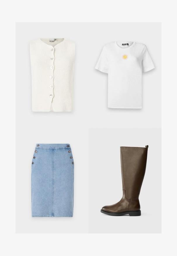 Hvid strikket vest med rund hals, der har fem knapper ned foran og en tekstureret overflade. Ingen ærmer eller synlige sømme.; Hvid bomulds T-shirt med korte ærmer, der har et lille, broderet design af en sol i gult og pink på brystet.; Lysblå denimnederdel i tætsiddende silhouette med en forhøjet søm foran og fem brune knapper på venstre side som detalje. Glat tekstur.; Brune læderknæstøvle med en glat tekstur, rund tå, lav sort hæl og en trækstrop øverst til nem påklædning.