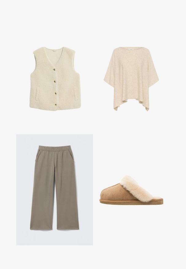 Crème-kleurige fleece vest met een V-hals, vijf metalen knopen en twee zijzakken. Zachte, gestructureerde stof biedt warmte en comfort.; Lichtbeige oversized top gemaakt van zachte, gestructureerde stof met een brede halslijn en korte, vloeiende mouwen. Heeft een asymmetrische zoom.; Taupekleurige wijde broek met elastische tailleband en zijzakken, plat liggend op een lichte achtergrond.; Beige suède instapschoen met een zachte, fluffy crème schapenvachtvoering. Voorzien van een platte, gestructureerde rubberen zool voor grip.