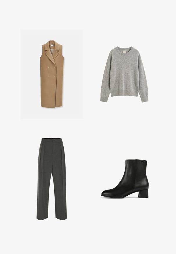 MADELEINE Bodywarmer - caramel; Lichtgrijze trui met lange mouwen en ronde hals, met geribbelde boorden en zoom, gemaakt van zachte gebreide stof met een klein merklabel binnen in de hals.; Grijze wijde broek van gestructureerde stof, met een hoge taille en plooien aan de voorkant. Het ontwerp heeft een gladde tailleband en geen zichtbare sluitingen.; Zwarte leren enkellaarzen met een ronde neus, lage blokhak, een gladde textuur en een subtiele logo-accent op de enkel.