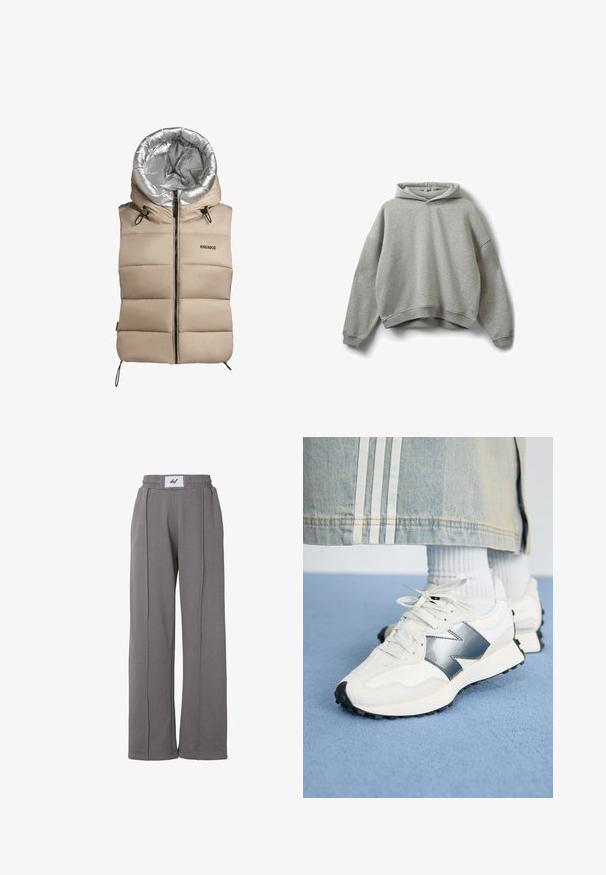 Beige puffer vest med en skinnende sølv hue og sort lynlås. Har vandret syninger og justerbare snore i halsen og kanten.; Lysegrå hættetrøje med lange ærmer og ribbede manchetter, præsenteret fladt på en hvid baggrund.; Grå bukser med vide ben, elastisk talje og syninger foran, med en hvid "def" logo-patch på det midterste taljebånd.; Hvide sportsko med sølvdetaljer, tekstureret stof og glat læder; med en sort gummisål og snørebånd.