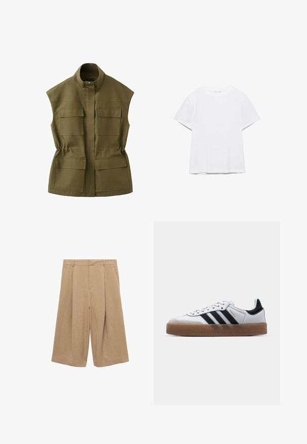 Mouwloos olijfgroen vest met opstaande kraag, ritssluiting aan de voorkant bedekt met een klep, en vier grote klepzakken, licht getailleerd aan de taille.; Effen wit T-shirt met korte mouwen en ronde hals, met een rechte zoom, gepresenteerd tegen een witte achtergrond.; Beige culottes van lichtgewicht stof, met een wijde pijpenstijl, een vlakke voorkant, twee zijzakken en een gladde textuur.; Witte leren sneakers met zwarte strepen, gumrubberen buitenzool, ronde neus, vetersluiting en een zachte grijze suède neuskap.