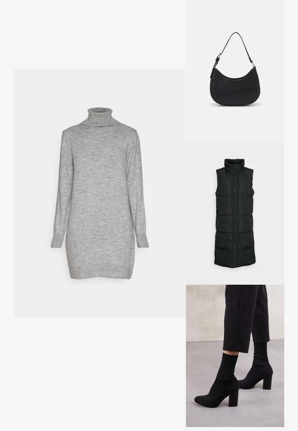 Chaleco acolchado sin mangas de color negro con cuello alto, que presenta un diseño acolchado, cierre frontal con cremallera y dos bolsillos laterales. Tejido suave y brillante.; JDY JDYLIBBYROLL NECK DRESS - Vestido de punto - medium grey melange; Botines de tacón negro con un upper tipo calcetín acanalado, superficie lisa, punta redonda y un tacón de bloque para mayor estabilidad.; Bolso hobo negro hecho de cuero suave con una silueta curva, que cuenta con una sola correa ajustable y detalles de diseño minimalistas.