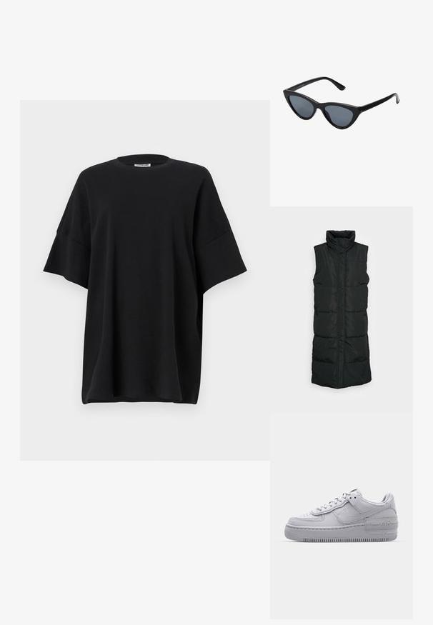 Schwarze ärmellose Steppweste mit hohem Kragen, ausgestattet mit einem gesteppten Design, Frontreißverschluss und zwei Seitentaschen. Glattes, glänzendes Material.; Schwarz oversized T-Shirt aus Baumwolle, mit Rundhalsausschnitt und kurzen, weiten Ärmeln, die eine glatte Textur und einen entspannten Schnitt bieten.; Graue Nike Air Force 1 Sneaker mit perforierter Zehenpartie, Obermaterial aus glattem Leder, dicker Sohle und geprägtem 'AIR'-Detail an der Ferse.; Schwarze Cat-Eye-Sonnenbrille mit dunkelgrauen Gläsern, schlankem Kunststoffrahmen, spitzen Ecken und geraden Bügeln. Keine sichtbaren Befestigungen oder Akzente.