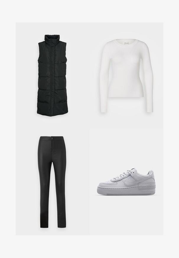 Chaleco acolchado sin mangas de color negro con cuello alto, que presenta un diseño acolchado, cierre frontal con cremallera y dos bolsillos laterales. Tejido suave y brillante.; Top blanco de manga larga con costuras acanaladas y escote redondo. La tela es suave, con una textura sutil y un diseño ajustado. Sin hardware ni patrones visibles.; Leggings negros hechos de un material elástico y suave con un diseño ajustado, que presentan un cierre frontal con botón y cremallera, y piernas rectas.; Zapatilla Nike Air Force 1 gris con puntera perforada, parte superior de cuero suave, suela gruesa y detalle en relieve 'AIR' en el talón.
