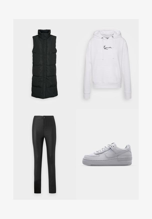 Chaleco acolchado sin mangas de color negro con cuello alto, que presenta un diseño acolchado, cierre frontal con cremallera y dos bolsillos laterales. Tejido suave y brillante.; Sudadera blanca con cordones, bolsillo canguro y logo negro en el pecho. Tejido suave, puños y dobladillo acanalados para un ajuste ceñido.; Leggings negros hechos de un material elástico y suave con un diseño ajustado, que presentan un cierre frontal con botón y cremallera, y piernas rectas.; Zapatilla Nike Air Force 1 gris con puntera perforada, parte superior de cuero suave, suela gruesa y detalle en relieve 'AIR' en el talón.