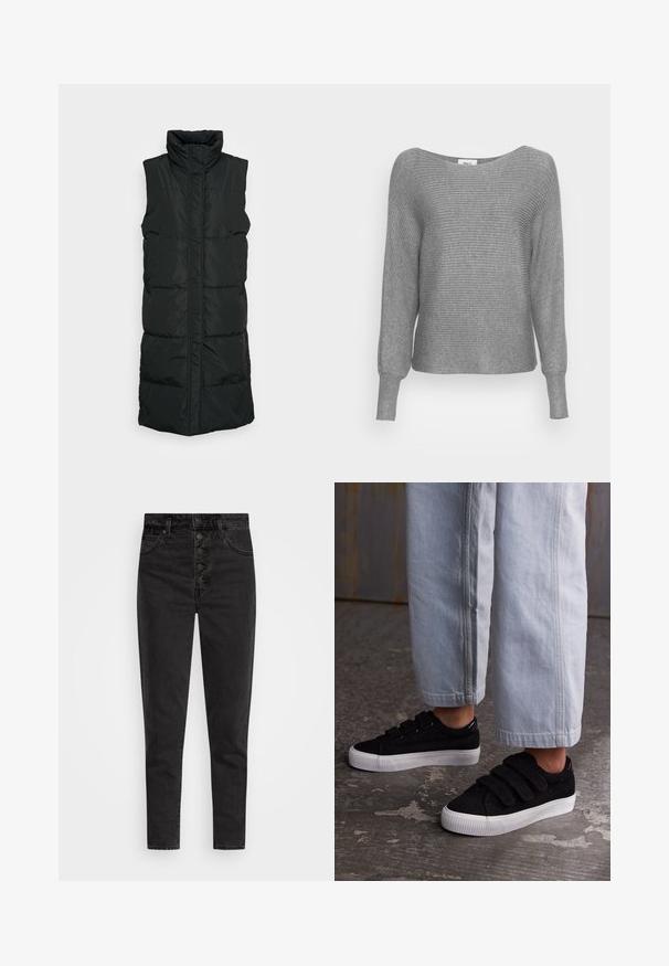Veste sans manches noire en doudoune avec col haut, présentant un design matelassé, une fermeture éclair à l'avant et deux poches latérales. Tissu lisse et brillant.; Pull gris à côtes avec des manches longues et un large col bateau. Fabriqué en matière tricotée douce avec une finition texturée.; Jeans en denim noir taille haute avec une fermeture à bouton, cinq poches et une coupe slim. Texture lisse avec peu d'usure et sans ornements.; Baskets en velours côtelé noir avec trois bandes Velcro et un dessus texturé. Semelle en caoutchouc blanc à profil bas. Portées avec un pantalon cropped bleu clair.