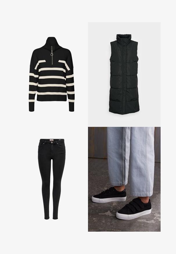 Sort ærmeløs pufvest med høj krave, der har et kviltet design, lynlås foran og to sidelommer. Glat, blankt stof.; Sort og creme stribet turtleneck trøje med lynlås i nakken, der har en løs pasform og strikket tekstur. Pyntet med en sølvfarvet hardware detalje.; Sorte skinny jeans med forlommer, bæltestropper og knaplukning, vist mod en hvid baggrund.; Sorte corduroy sneakers med tre Velcro-stropper og en tekstureret overdel. Lavprofil hvid gummisål. Båret med lyseblå cropped bukser.