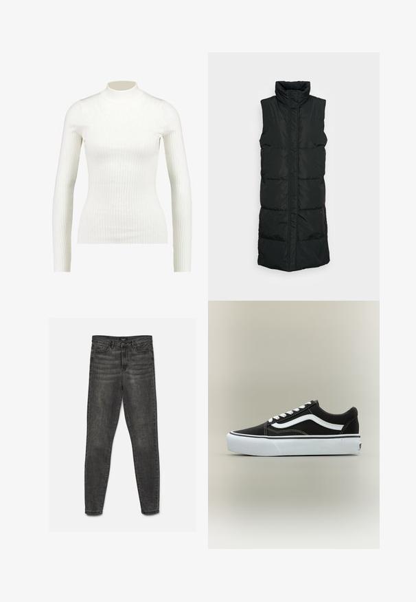 Veste sans manches noire en doudoune avec col haut, présentant un design matelassé, une fermeture éclair à l'avant et deux poches latérales. Tissu lisse et brillant.; Haut à col roulé long à manches longues en blanc côtelé, au design ajusté et à la texture lisse, avec un col haut et une silhouette élancée.; Jean slim gris foncé avec fermeture par bouton et zip, poches devant et dos, présenté à plat sur fond blanc.; Baskets basses noires avec bande blanche latérale, lacets blancs, semelle en caoutchouc blanche et bout texturé sur fond neutre.