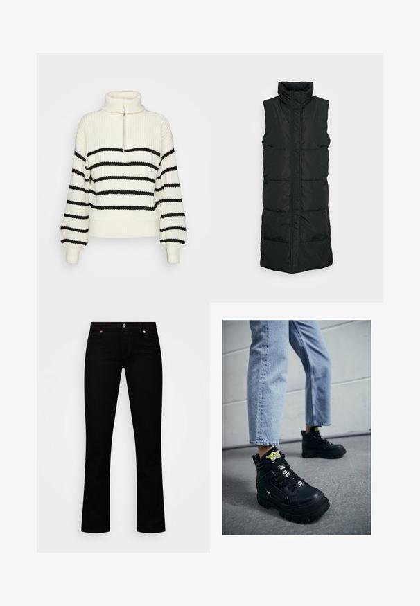 Sort ærmeløs pufvest med høj krave, der har et kviltet design, lynlås foran og to sidelommer. Glat, blankt stof.; Strik turtleneck sweater i creme med sorte vandrette striber. Har en halv-lynlås foran og brede, ribbede mansjetter og kant.; Sorte jeans med lige ben, forlommer, bæltestropper og knaplukning på hvid baggrund.; Sorte højtop sneakers med en chunky sål, med snørebåndsdesign, logo accenter og gule tags. Worn med lyseblå cropped jeans.