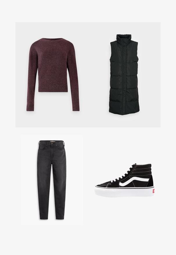 Chaleco acolchado sin mangas de color negro con cuello alto, que presenta un diseño acolchado, cierre frontal con cremallera y dos bolsillos laterales. Tejido suave y brillante.; Jersey burdeos de punto con mangas largas, escote redondo, puños y dobladillo acanalados, que presenta una tela suave y texturada en una forma ligeramente cuadrada.; Jeans ajustados de talle alto y color negro, con bolsillos delanteros y traseros, cierre de botón y pasadores para cinturón, exhibidos sobre un fondo blanco.; Zapatillas altas negras con cordones blancos, un logo blanco y costuras en blanco que contrastan. Presentan una suela blanca gruesa y una parte superior de ante texturizado.