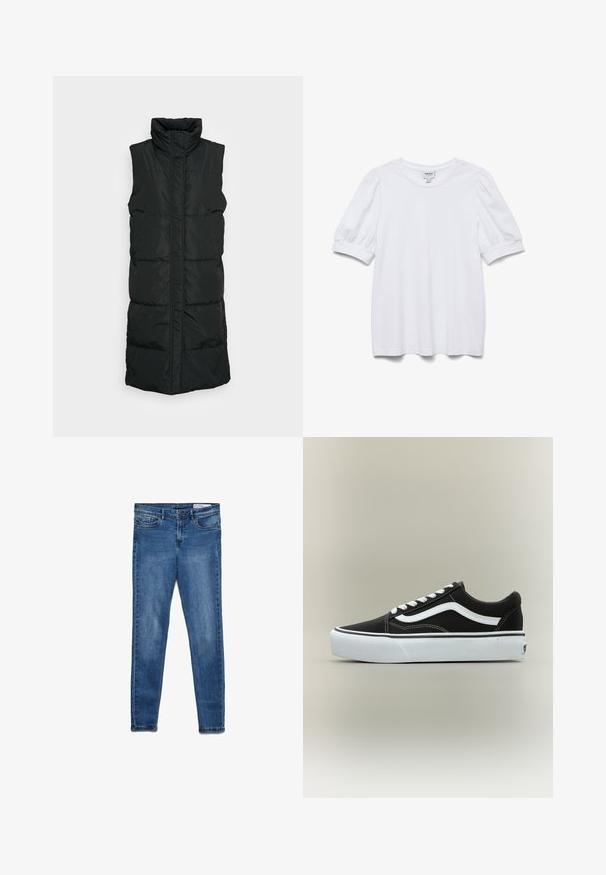 Chaleco acolchado sin mangas de color negro con cuello alto, que presenta un diseño acolchado, cierre frontal con cremallera y dos bolsillos laterales. Tejido suave y brillante.; Top blanco de manga corta con cuello redondo y mangas abullonadas. Hecho de una tela suave, presenta una etiqueta con la frase "AWARE".; Vaqueros de mezclilla azul oscuro con un ajuste clásico skinny. Incluyen cinco bolsillos, cremallera y un sutil efecto de desgaste para dar textura.; Zapatilla deportiva negra de corte bajo con raya lateral blanca, cordones blancos, suela de goma blanca y puntera texturizada sobre fondo neutro.