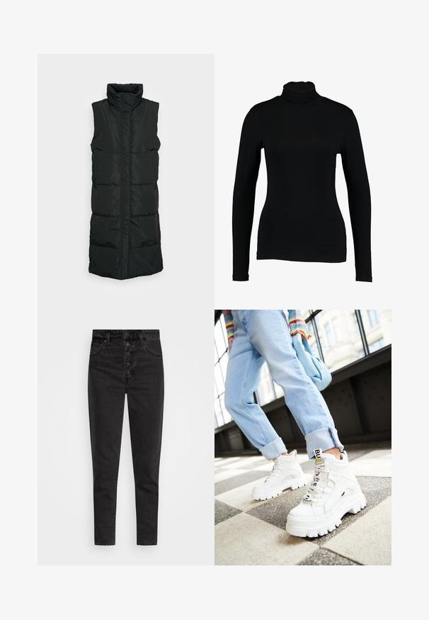 Sort ærmeløs pufvest med høj krave, der har et kviltet design, lynlås foran og to sidelommer. Glat, blankt stof.; Sort langærmet turtleneck top lavet af glat stof, med et tætsiddende design og høj hals, velegnet til lag-på-lag brug eller som en selvstændig beklædningsgenstand.; Højtaljede sorte denimjeans med knaplukning, fem lommer og slim fit. Glat tekstur med minimal falmet og uden udsmykninger.; Hvide klodsede sneakers med tykke såler, snørebånd foran og mærkeflag. Båret med lyseblå jeans med opsmøg på et mønstret gulv.
