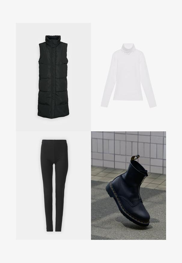 Sort ærmeløs pufvest med høj krave, der har et kviltet design, lynlås foran og to sidelommer. Glat, blankt stof.; Hvid langærmet turtle-neck top lavet af glat, strækbart stof. Har en høj krave og tætsiddende design, uden synlige mønstre eller udsmykninger.; Sorte, strækbare leggings med en tætsiddende pasform, der har høj talje og en glat tekstur. Ingen synlige mønstre eller hardwaredetaljer.; Sort læderankelstøvle med lynlås i siden, tekstureret overflade, gule syninger som accent og en gummisål.