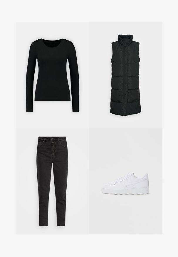Sort ærmeløs pufvest med høj krave, der har et kviltet design, lynlås foran og to sidelommer. Glat, blankt stof.; Sort langærmet skjorte lavet af ribbet stof. Har en rund halsudskæring og tætsiddende silhuet. Enkelt design uden mønstre eller accenter.; Højtaljede sorte denimjeans med knaplukning, fem lommer og slim fit. Glat tekstur med minimal falmet og uden udsmykninger.; Hvide Nike Air Force 1 sneakers med læderoverdel, rund tå, snørelukning, polstret krave og struktureret gummisål.