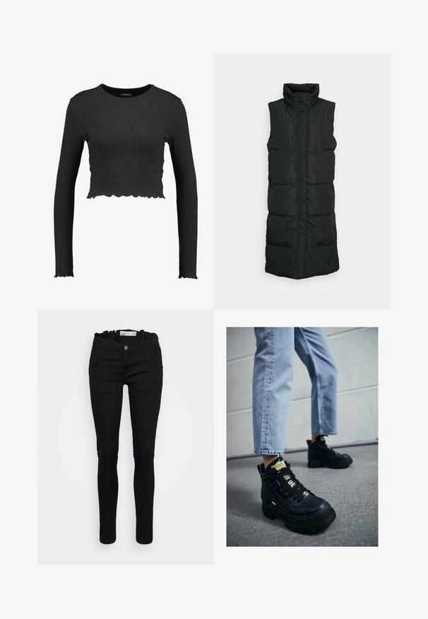 Chaleco acolchado sin mangas de color negro con cuello alto, que presenta un diseño acolchado, cierre frontal con cremallera y dos bolsillos laterales. Tejido suave y brillante.; Top corto de manga larga negro con cuello redondo y dobladillo ondulado. Fabricado con un material elástico para un ajuste ceñido.; Jeans negros con un diseño ajustado, que cuentan con una cinturilla fruncida, cinco bolsillos y un cierre de botón. Textura de denim suave, forma de pierna ceñida.; Zapatillas altas negras con suela gruesa, con diseño de cordones, acentos de logo y etiquetas amarillas. Combinadas con unos vaqueros cortos de color azul claro.