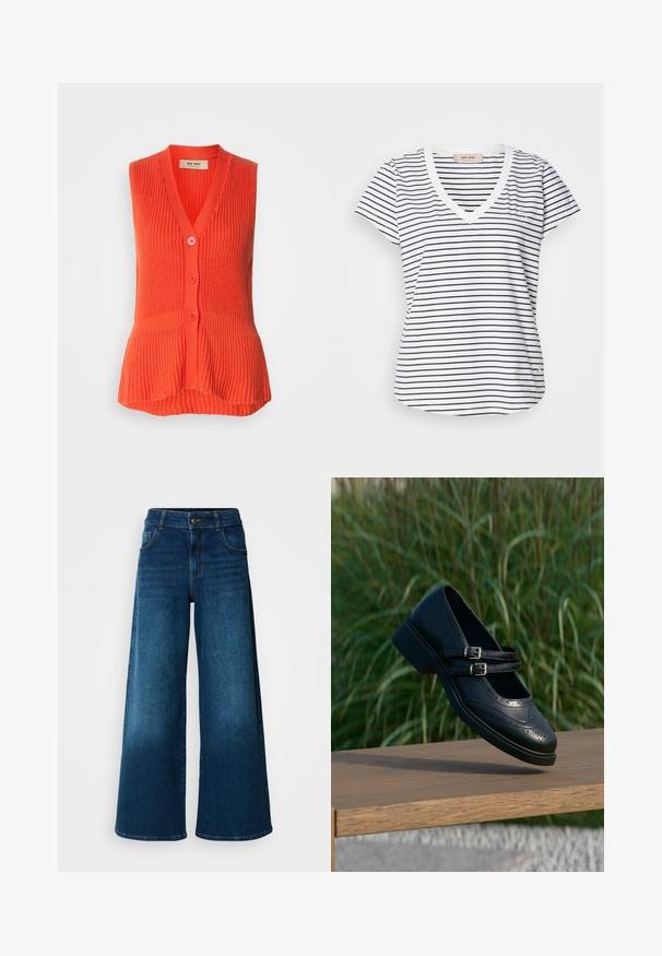 Strikket ærmeløs vest i livlig orange, med v-udskæring, ribbet tekstur og fem knapper foran samt en udvidet nederkant.; Stribet kortærmet v-hals t-shirt med hvide og marineblå striber, med en lille logo detalje og en buet nederkant.; Viddejeans lavet af mørkeblå denim. Har høj talje, knaplukning og klassisk fem-lomme design med subtile falme.; Sort læder Mary Jane-sko med dobbelte spænder og brogue-detaljer, der svæver over en træbænk med grøn græsbaggrund.