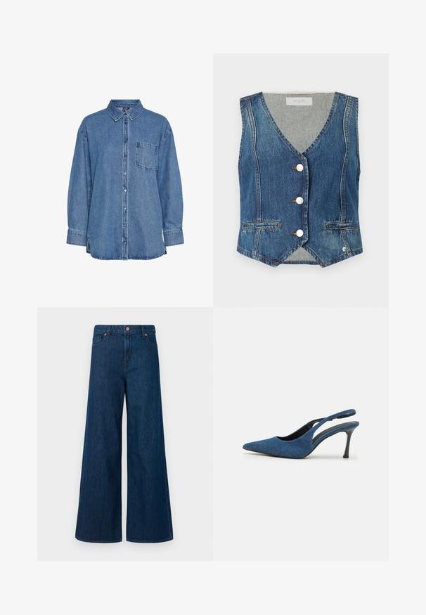 Gilet en denim bleu moyen avec un col en V, une fermeture à boutons argentés et deux poches ouvertes. Présente des coutures contrastées et une taille légèrement raccourcie.; Chemise en jean bleu clair avec un deviant boutonné, un col classique, une poche poitrine simple et des manches longues aux extrémités retroussées.; Jeans en denim bleu à jambe large avec fermeture à bouton sur le devant, passants de ceinture et design à cinq poches sur un fond blanc.; Talons slingback en denim bleu avec un bout pointu, présentant un talon noir fin et un dessus en tissu texturé. Design ouvert à l'arrière.