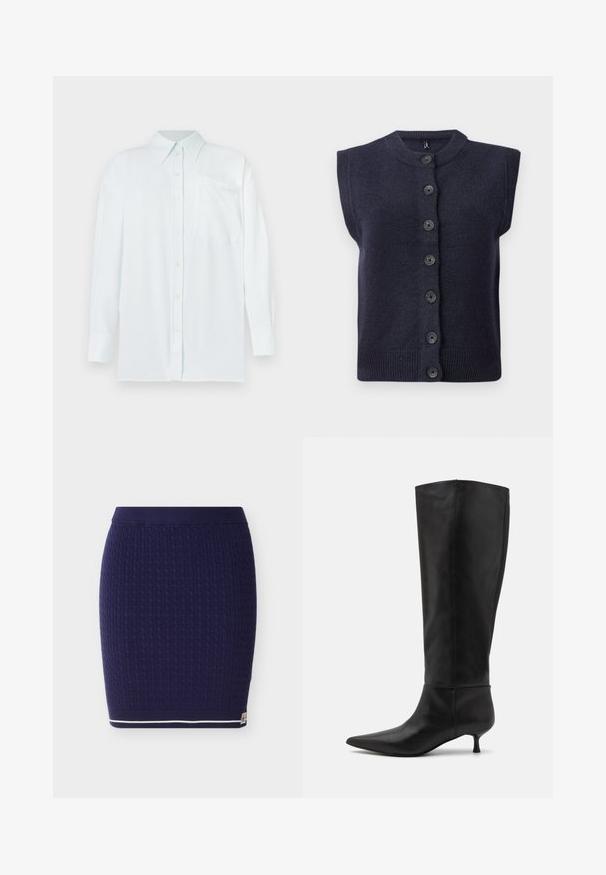 Cárdigan sin mangas de un oscuro tono azul marino con un escote redondo, que presenta seis botones negros en el centro y detalles de ribete en el dobladillo. Textura suave.; Camisa de botones de color azul claro con cuello, mangas largas y un bolsillo en el pecho. La tela parece suave con una textura sutil; presenta botones amarillos.; Falda de punto azul marino con un patrón texturizado de cables. Cuenta con una cinturilla acanalada y un acento de raya blanca a lo largo del dobladillo inferior.; Botas de cuero negras hasta la rodilla con punta afilada y tacón tipo kitten. Textura suave y diseño minimalista sin herrajes ni acentos visibles.