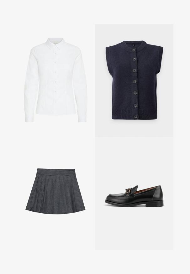 Cardigan sans manches noir marine foncé avec un col rond, doté de six boutons noirs au centre et d'un détail de bord côtelé. Texture douce.; Chemise blanche à boutons, en tissu lisse. Présente des manches longues, un col classique et six boutons à l'avant avec une coupe ajustée.; Jupe patineuse grise à rayures générales avec une taille ajustée, en forme évasée A et texture de tissu douce. Les lignes verticales renforcent l'intérêt visuel.; Mocassin en cuir noir avec un petit talon, un bout arrondi et un détail de boucle métallique décorative à l'avant.