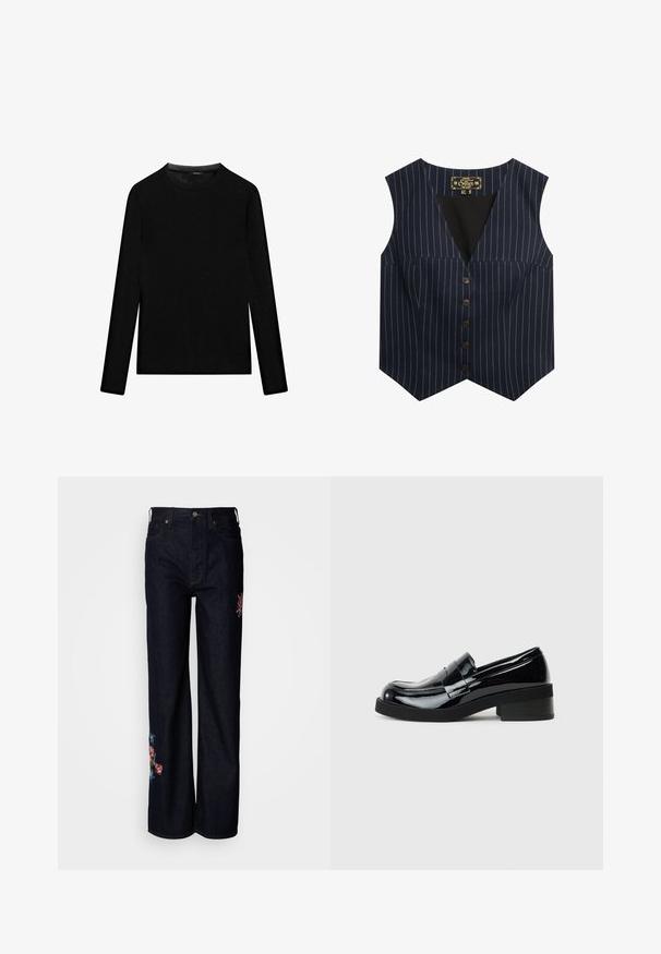 Marinestribet vest med hvidt, sans ærmer, V-hals og seks brune knapper foran, lavet af en glat stof.; Sort langærmet rundhalset skjorte med slim pasform, vist fladt på en hvid baggrund.; Mørke denim bukser med bred benudskæring, prydet med blomsterbroderi i pink og blå på benene, med standard knap- og lynlåslukning.; Sorte patenterede lædersko med rund tå, lav blokhæl og en glat, blank finish. Har en dekorativ rem over forsiden.