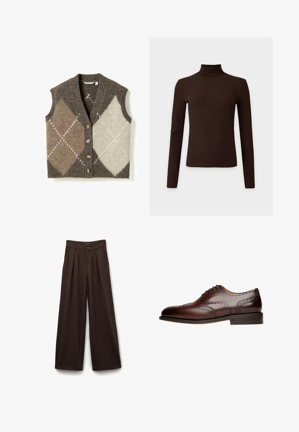 Gilet sans manches en maille marron avec de grands motifs argyle beige et crème et quatre boutons marron sur le devant.; Haut à col roulé côtelé marron foncé à manches longues avec silhouette ajustée sur fond clair uni.; Pantalons larges en tissu brun foncé, avec une taille haute, un devant plissé, une fermeture à bouton et des poches latérales.; Chaussure habillée en cuir marron avec des détails en brogue, finition lisse, bout rond, six œillets et un talon empilé. Perforations subtiles le long des bords.