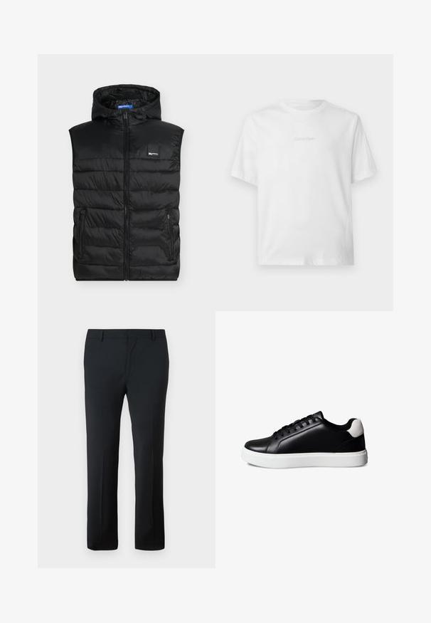 Zwarte mouwloze gewatteerde bodywarmer met capuchon, ritssluiting aan de voorkant, ritssluitingen aan de zijkanten en een klein merkembleem op de borst.; Wit T-shirt met korte mouwen en een ronde hals, met een subtiel gegraveerd Calvin Klein-logo in het midden van de borst.; Zwarte op maat gemaakte broek met een gladde textuur, recht gesneden design, veilige tailleband en zonder zichtbare patronen of versieringen.; Zwarte leren lage sneaker met zwarte veters, witte rubberen zool en witte suède hielaccent, getoond in zijaanzicht op een witte achtergrond.