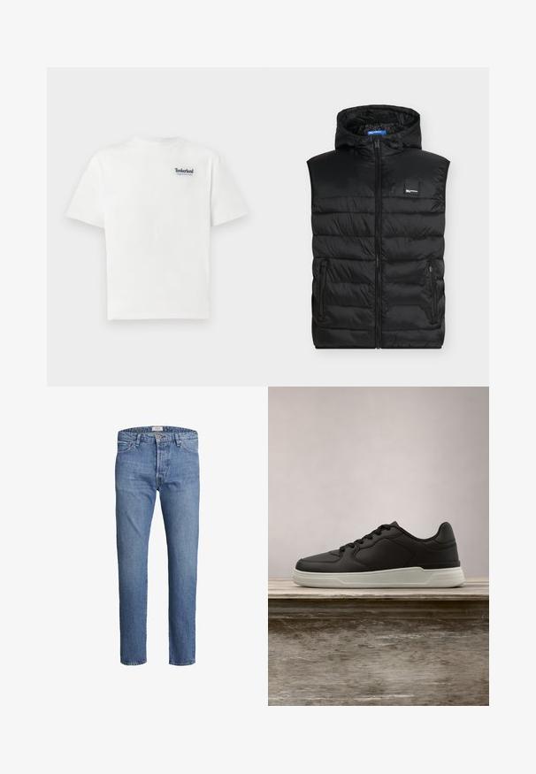 Musta hupullinen toppaliivi, jossa vetoketju edessä, sivuilla vetoketjutaskut ja pieni merkin logo rinnassa.; Valkoinen puuvillapaita, jossa on sininen brodeerattu "Timberland Rugged Active Gear" -logo vasemmassa ylärinnassa. Lyhyet hihat ja pyöreä kaula-aukko.; Vaaleansiniset farkut suoralla lahkeella, viiden taskun muotoilu, yksi nappi vyötäröllä ja hienovaraiset haalistumat kauttaaltaan.; Musta lenkkari valkoisella pohjalla roikkuu puupenkillä, taustalla sumeaa vihreää kasvillisuutta.