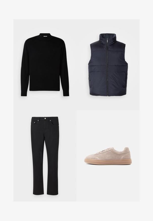 Navy blå dunvest med høj krave og forknebet lynlås, der har en glat, let glansende overflade og vandrette syninger.; Sort langærmet sweater med høj hals, lavet af let strikket materiale. Har et diskret logo på brystet og tætsiddende manchetter.; Sorte denimjeans med lige ben, der har fem lommer og sølvhardware med en glat tekstur. Ingen mønstre eller accenter.; Beige ruskind lavtop sneaker med snørelukning og gummisål, vist i venstre sideprofil på en lys baggrund.