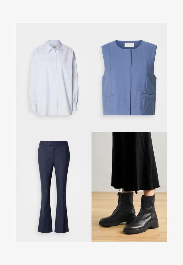 Mouwloos blauw vest met een ronde halslijn, verborgen sluiting aan de voorkant en twee steekzakken aan de zijkant op een witte achtergrond.; Lichtblauw button-up shirt van katoen. Heeft een puntige kraag, lange mouwen en een enkele borstzak. Zachte textuur.; Mos Mosh CARIE - Broek - maritime blue; Zwarte leren enkelboots met een chunky platformzool en een rits aan de voorkant. Glad oppervlak met een minimalistisch ontwerp.