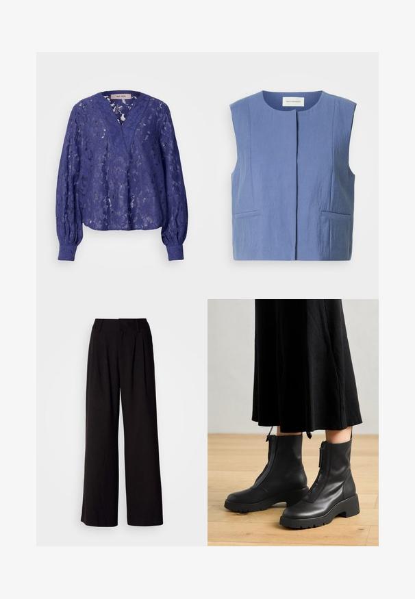 Gilet bleu sans manches avec un col rond, une fermeture avant dissimulée et deux poches passepoilées latérales sur fond blanc.; Blouse en dentelle purple avec un décolleté en V, des manches bouffantes longues et des poignets côtelés. Le tissu présente des motifs floraux et une texture translucide.; Pantalon large noir en tissu lisse, avec des plis à l'avant, une taille ajustée, et sans motifs ni accents visibles.; Bottines en cuir noir avec une semelle plateforme épaisse et une fermeture éclair à l'avant. Texture lisse avec un design minimaliste.