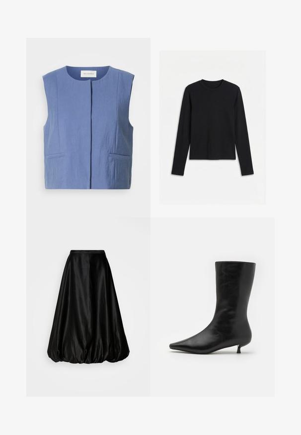 Gilet bleu sans manches avec un col rond, une fermeture avant dissimulée et deux poches passepoilées latérales sur fond blanc.; T-shirt noir à manches longues avec col rond, coupe ajustée et design uni, présenté sur un fond blanc.; Jupe midi en satin noir avec une forme ballon volumineuse. Texture lisse et taille ajustée, conçue pour une silhouette fluide.; Botte noire en cuir à cheville avec un bout pointu, une silhouette ajustée et un petit talon conique. Texture lisse, design minimaliste.