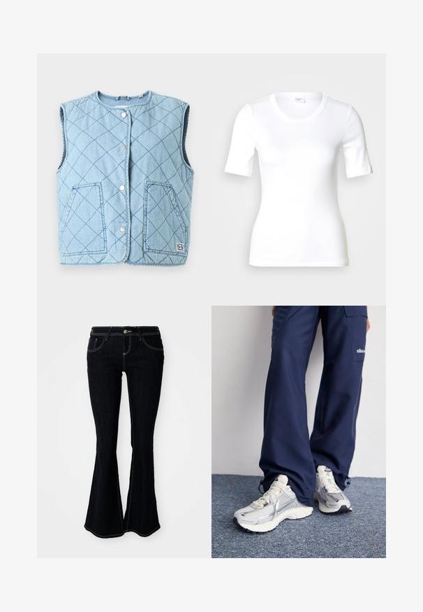 Gilet matelassé bleu clair avec un col arrondi, des boutons-pression, deux poches avant et un patch logo en bas à droite.; T-shirt blanc à manches courtes en coton lisse, doté d'un col rond et d'une coupe ajustée. Design classique, sans motifs ni accents.; Jeans évasés en denim foncé avec une taille haute, des poches avant et arrière, et des coutures contrastantes jaunes.; Baskets de sport Nike avec une tige en maille argentée, des accents blancs et des semelles texturées, associées à un pantalon marine ample.