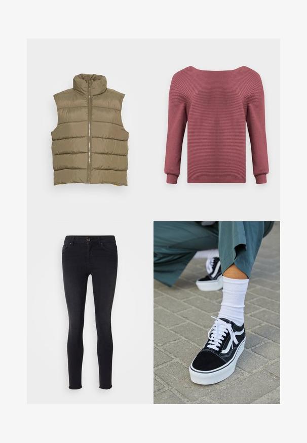 Noisy May NMMARCUS VEST - Vest - burnt olive; Soonikkoes kudum roosa vaigustatud toonis, pika varrukaga, paadikaelusega ja kitsaste mansettidega ühevärvilise heleda tausta ees.; Mustad teksased, millel on keskmise tõusuga vöökoht, ees taskud ja toores serv pahkluudel. Klassikaline viie taskuga disain.; Mustjad sametist tennisjalanõud valgete aktsentide ja nööridega, millel on paks valge tald ja kontrastsed õmblused, koos valge sokiga.