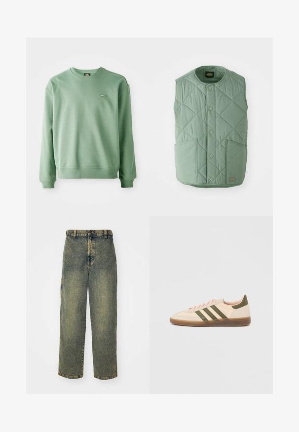 Lys grøn quiltet vest med rund halsudskæring, trykknapper, to forlommer og et mærkelabel nederst til højre.; Grøn crewneck sweatshirt lavet af blødt stof, med ribbede manchetter og kant, samt et lille logo tag på fronten. Glat tekstur.; Slidse denim jeans i en falmet blå og grøn vask. Har en knaplukning, bælteløkker og sidelommer. Flad front og lige ben-design.; Beige Adidas Spezial sneaker med lav profil, grønne striber, gummisål og "SPEZIAL"-branding på siden, vist fra ydersiden.