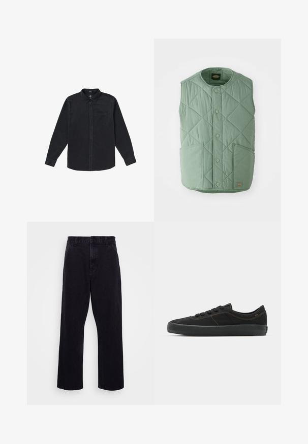 Gilet matelassé vert clair avec un col rond, des boutons-pression, deux poches avant et une étiquette de marque en bas à droite.; Chemise noire à manches longues en tissu doux, avec un col boutonné, une poche avant et des boutons sur le devant.; Pantalons en denim noir avec une coupe droite, dotés d'une fermeture à bouton et à zip, de passants de ceinture et de coutures minimales.; Baskets noires avec une tige textile lisse, des coutures contrastantes en marron, un bout rond, un système de laçage et une semelle en caoutchouc épaisse pour l'adhérence.