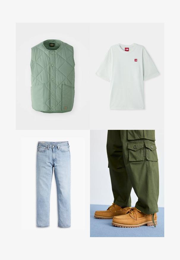 Lichtgroene gewatteerde vest met een ronde halslijn, drukknoopjes, twee voorke pockets en een merketiket rechtsonder.; Lichtgroene T-shirt met korte mouwen van zachte katoen, voorzien van een klein rood logo label op de linker borst. Ontspannen pasvorm en ronde halslijn.; Lichtblauwe denim jeans met een rechte pijpdesign, vijfzakkenstijl en stevige stiksel-details. Voorzien van een rits en metalen knop.; Timberland AUTHENTIC 3 EYE - Bootschoenen - wheat