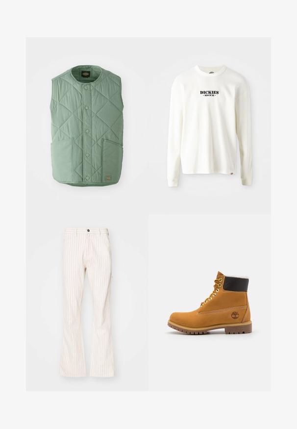 Lys grøn quiltet vest med rund halsudskæring, trykknapper, to forlommer og et mærkelabel nederst til højre.; Hvid langærmet ribbet sweatshirt med et sort logo "DICKIES" med "SINCE '22" nedenunder, rund hals og manchetter.; Kræmfarvede, flagrende bukser med lodrette røde striber, der har en knaplukning, sidelommer og et glat tekstureret stof.; Brune læder ankelstøvle med metaløjer, hvid pelsforing, sort polstret krave, robust sål og præget logo på siden.