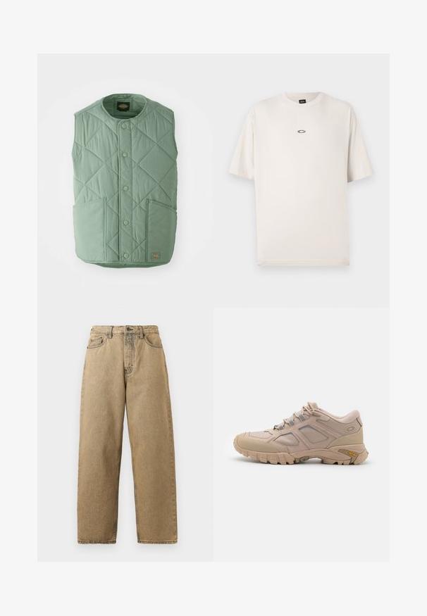 Hellgrüne gesteppte Weste mit rundem Ausschnitt, Druckknöpfen, zwei Fronttaschen und einem Markenlabel unten rechts.; Oakley RISE TEE - T-Shirt basic - mist; Beige Denim-Jeans mit geradem Bein, ausgestattet mit einem Reißverschluss, Gürtelschlaufen und kontrastierenden Nähten. Keine auffälligen Muster oder Hardware-Details.; Beige Sport Schuh mit einem strukturierten Mesh-Obermaterial, synthetischen Überzügen und einer Vibram-Sohle. Verfügt über ein Schnürsystem und seitliche Paneeldetails.