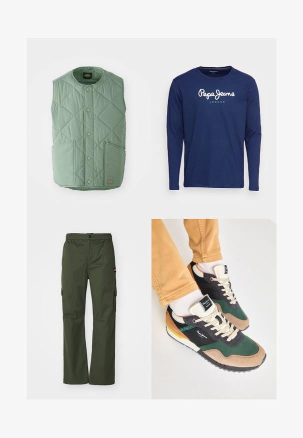 Hellgrüne gesteppte Weste mit rundem Ausschnitt, Druckknöpfen, zwei Fronttaschen und einem Markenlabel unten rechts.; Marineblaues Langarm-T-Shirt aus Baumwolle mit einem weißen Logo "Pepe Jeans London", das auf der Vorderseite aufgedruckt ist. Einfacher Rundhalsausschnitt und geschmeidige Textur.; Olivgrüne Cargo-Hosen mit Knopfverschluss, elastischem Bund und Seitentaschen, aus leichtem Stoff mit glatter Textur.; Grüne und schwarze Sneakers aus Wildleder und Mesh-Materialien, mit cremefarbenen Schnürsenkeln, mehrfarbigen Akzenten und einer strukturierten Sohle. Logo von Pepe Jeans sichtbar.