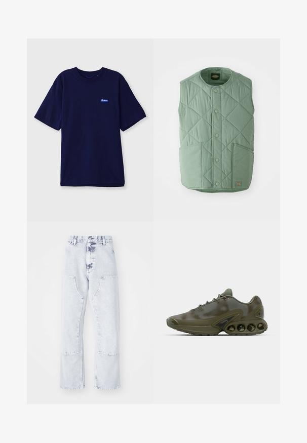 Hellgrüne gesteppte Weste mit rundem Ausschnitt, Druckknöpfen, zwei Fronttaschen und einem Markenlabel unten rechts.; Hemd aus navyblauem Baumwollstoff mit Rundhalsausschnitt, kurzen Ärmeln und einem kleinen rechteckigen Markenetikett in Blau und Weiß auf der linken Brust.; Hellblaue Denim-Jeans im Straight-Leg-Schnitt mit aufgesetzten Taschen, hoher Taille und einem verwaschenen Finish. Mit tonalem Nähen und einem lässigen Schnitt.; Dunkelgrüner Sportschuh mit einer strukturierten Oberseite, Schnürverschluss und einer auffälligen Sohle, die sechs sichtbare Luftpolsterungseinheiten aufweist.
