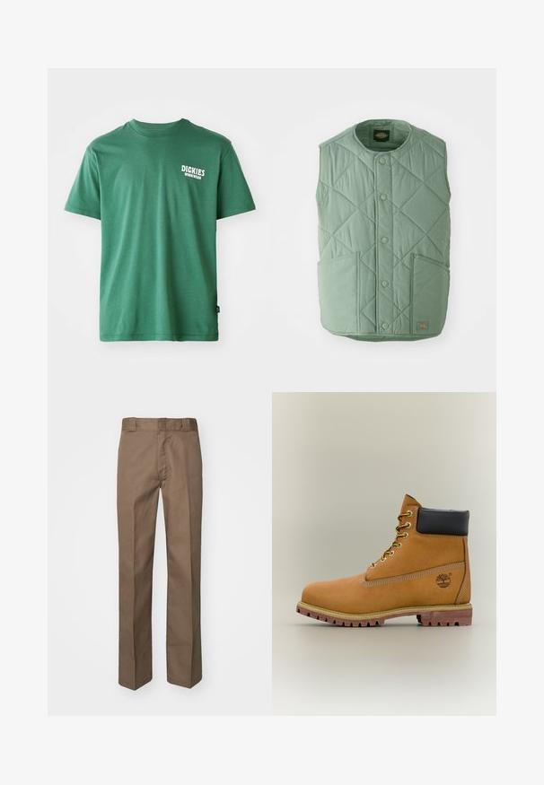 Chaleco acolchado verde claro con un escote redondo, botones a presión, dos bolsillos frontales y una etiqueta de la marca en la parte inferior derecha.; Camiseta de algodón verde con cuello redondo, mangas cortas y un logo blanco en el lado izquierdo del pecho. Textura suave y corte relajado.; Pantalones marrones con un diseño de frente plano, piernas rectas y una cinturilla clásica. Hechos de un tejido duradero, sin patrones visibles ni adornos.; Bota de tobillo de cuero marrón con cuello negro, cordones amarillos y suela beige. Presenta un logotipo y detalles de costura blanca. Suela exterior con tracción robusta.