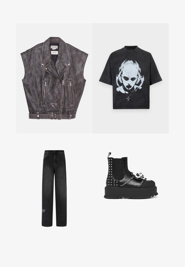 Ærmeløs grå lædervest med en struktureret finish, skrå lynlåslukninger og et nitterbælte i taljen. Bemærkelsesværdig reversdesign.; Sort oversized T-shirt med en hvid grafik af en skaldet person med mørke øjne, læbestift, piercinger og en halskæde med et korsvedhæng.; Sorte denim bukser med bred benvidde og høj talje, med to forlommer og en dekorativ logodetalje på det nederste ben.; Sort platformstøvle med sølvnitter, kædedetaljer og en hvid kranie dekoration på frontpanelet.